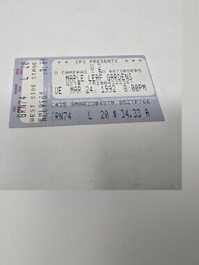 Vintage 90s U2 Concert Ticket Stub Toronto Maple Leaf Gardens March 24 1992